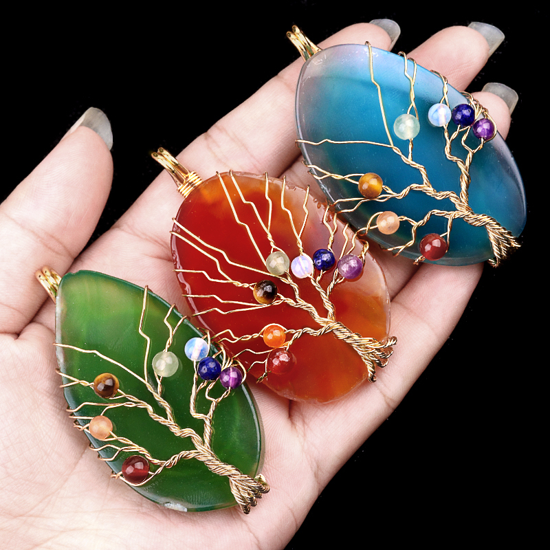 Agate Silce Wrapped Gold Wire 7 Chakra 4MM Round Beads Life of Tree Pendant