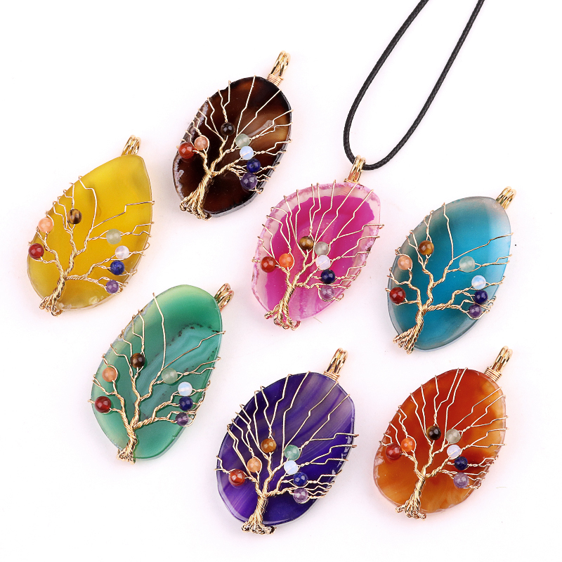 Agate Silce Wrapped Gold Wire 7 Chakra 4MM Round Beads Life of Tree Pendant for Making Jewelry