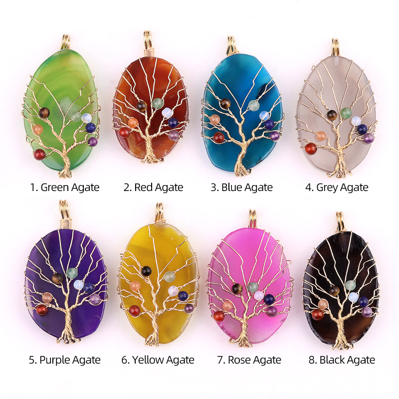 Agate Silce Wrapped Gold Wire 7 Chakra 4MM Round Beads Life of Tree Pendant