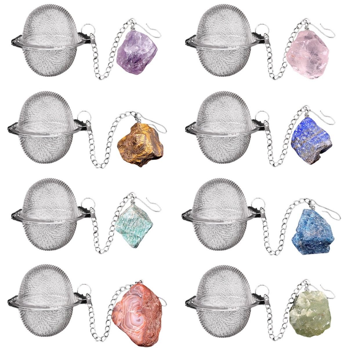Tumbled Raw Gemstone Pendant Charms Stainless Steel Mesh Tea Ball