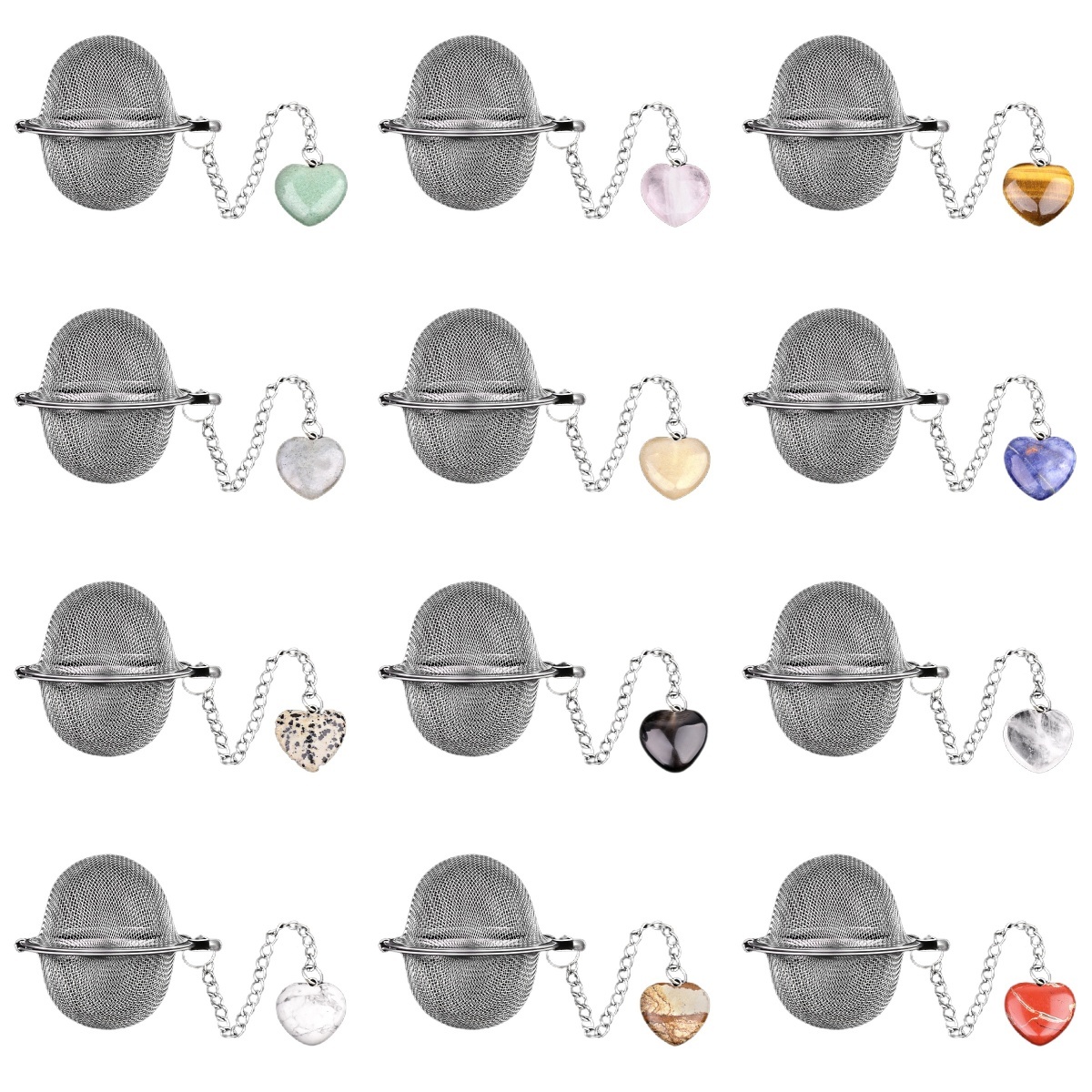 20MM Love Heart Gemstone Pendant Charms Stainless Steel Mesh Tea Ball