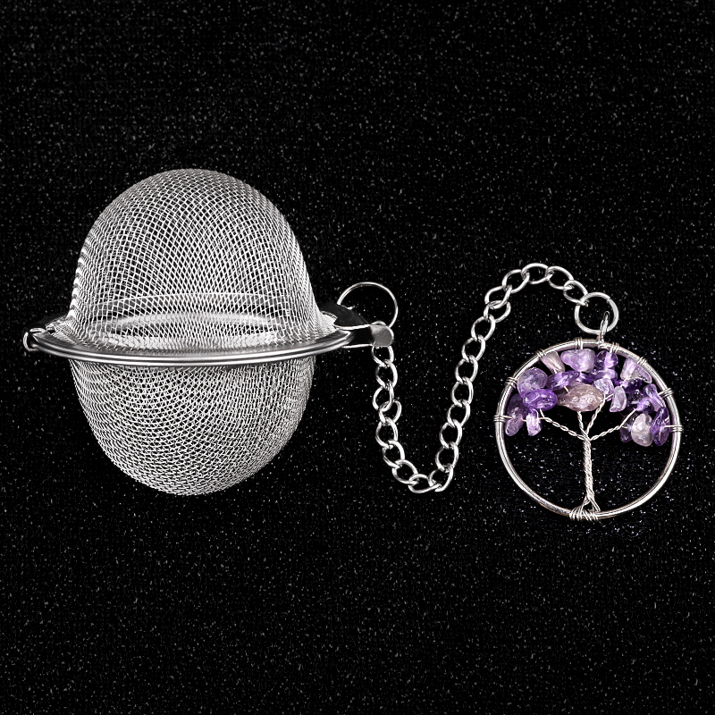 Rose Quartz 30mm  Chip Gemstone Life of tree Pendant Charms Stainless Steel Mesh Tea Ball