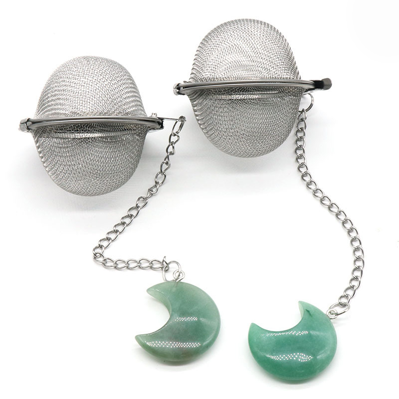 Green Aventurine 30MM Moon Gemstone Pendant Charms Stainless Steel Mesh Tea Ball
