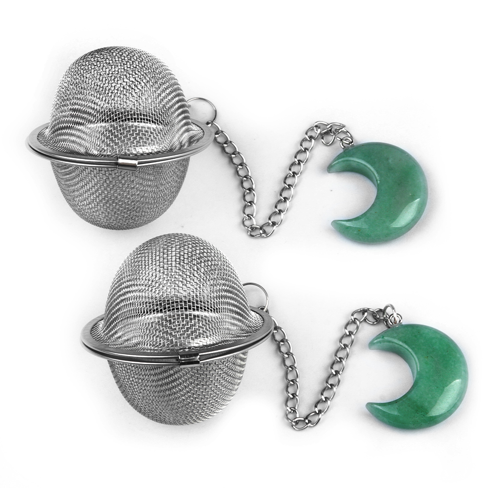 Rose Quartz 30MM Moon Gemstone Pendant Charms Stainless Steel Mesh Tea Ball