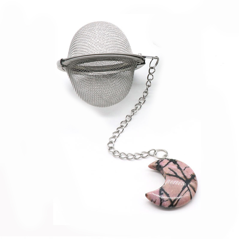 Rose Quartz 30MM Moon Gemstone Pendant Charms Stainless Steel Mesh Tea Ball