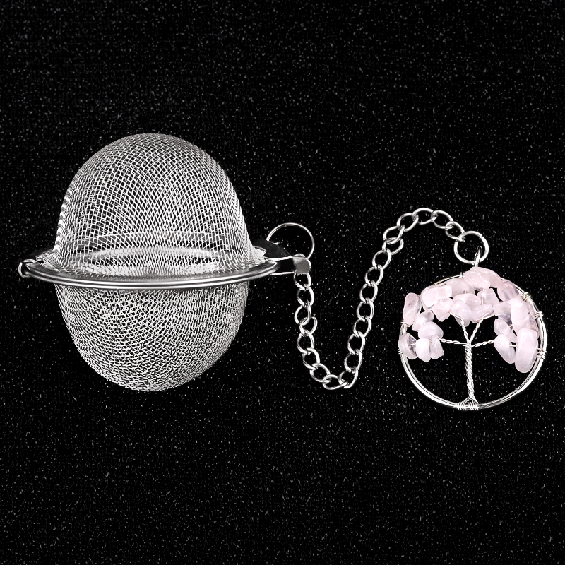 Rose Quartz 30mm  Chip Gemstone Life of tree Pendant Charms Stainless Steel Mesh Tea Ball