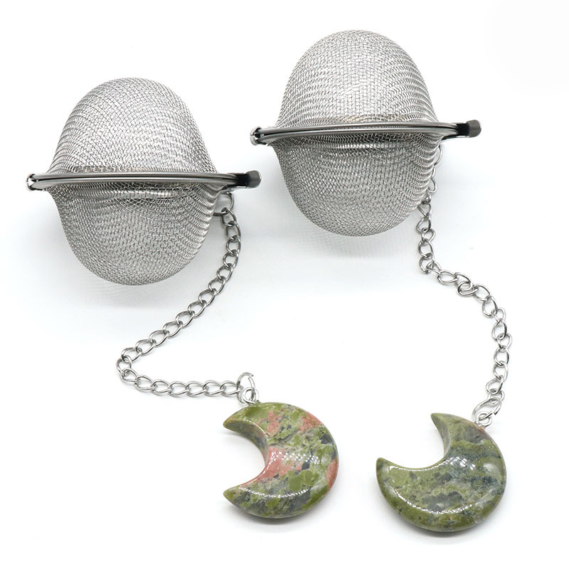 Rose Quartz 30MM Moon Gemstone Pendant Charms Stainless Steel Mesh Tea Ball