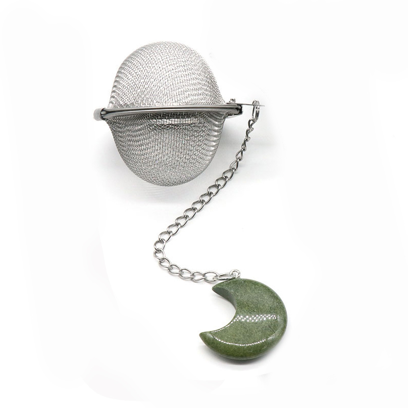Rose Quartz 30MM Moon Gemstone Pendant Charms Stainless Steel Mesh Tea Ball