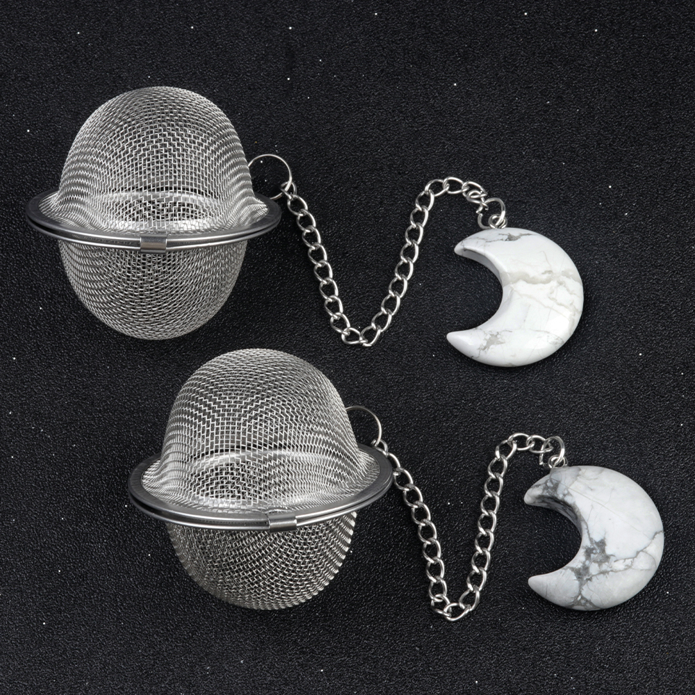 Green Aventurine 30MM Moon Gemstone Pendant Charms Stainless Steel Mesh Tea Ball