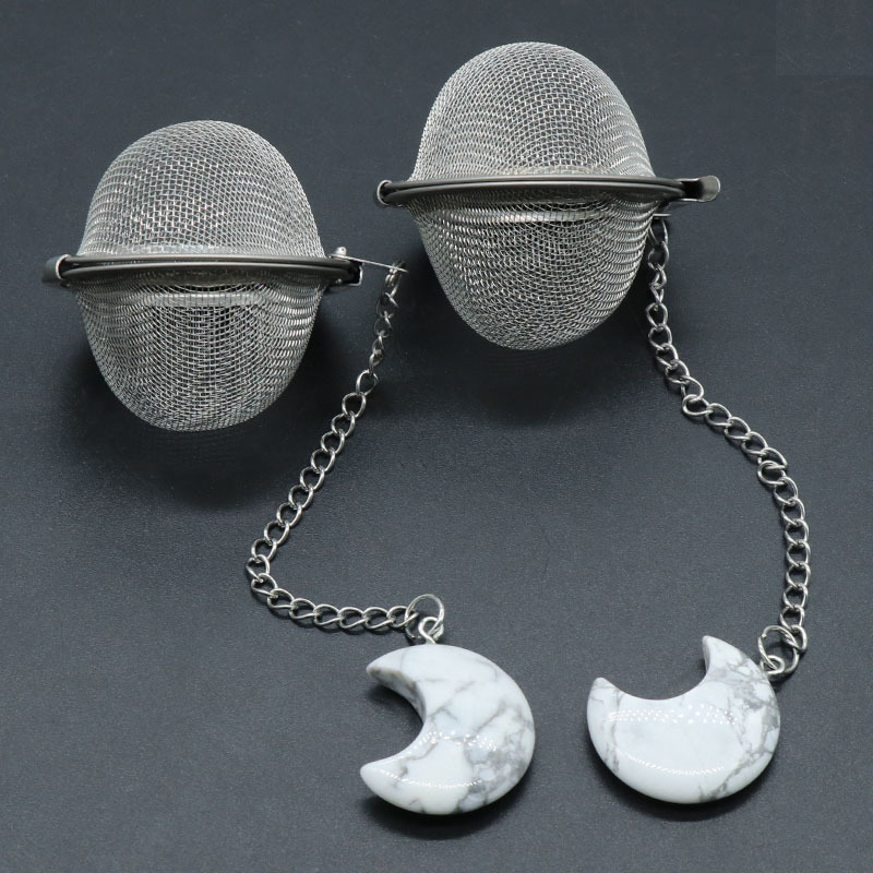 Rose Quartz 30MM Moon Gemstone Pendant Charms Stainless Steel Mesh Tea Ball