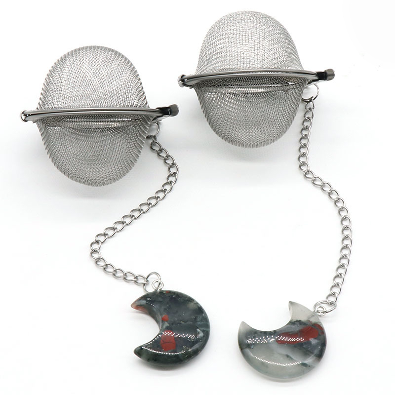 Rose Quartz 30MM Moon Gemstone Pendant Charms Stainless Steel Mesh Tea Ball