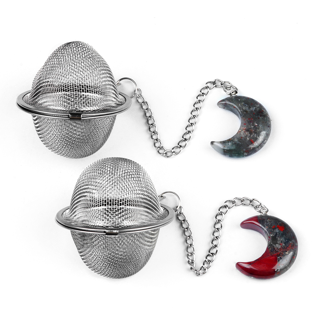 Red Jasper 30MM Moon Gemstone Pendant Charms Stainless Steel Mesh Tea Ball