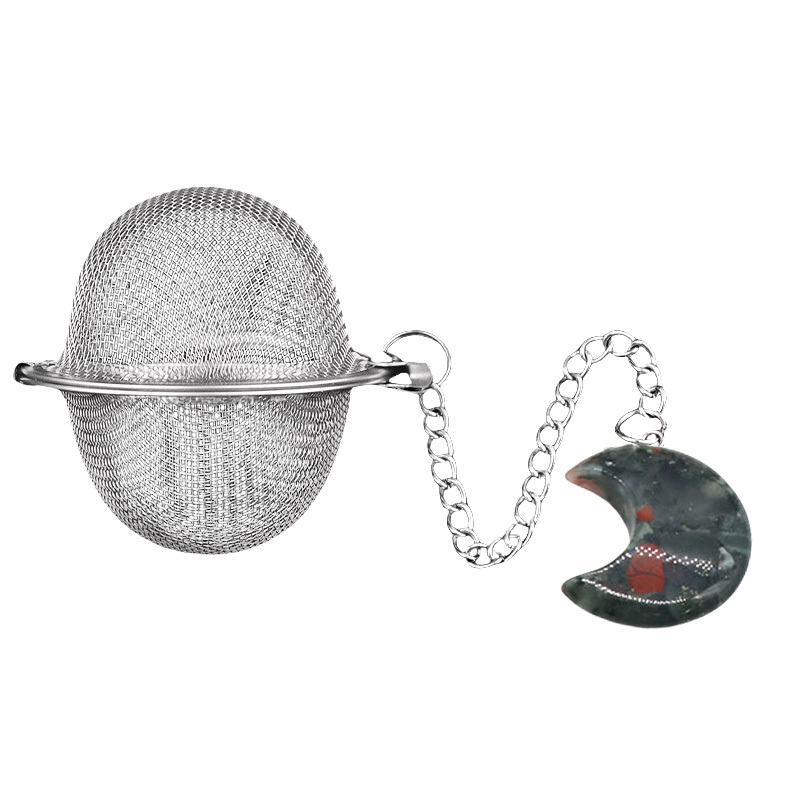 Rose Quartz 30MM Moon Gemstone Pendant Charms Stainless Steel Mesh Tea Ball