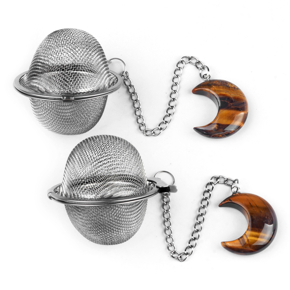 Green Aventurine 30MM Moon Gemstone Pendant Charms Stainless Steel Mesh Tea Ball
