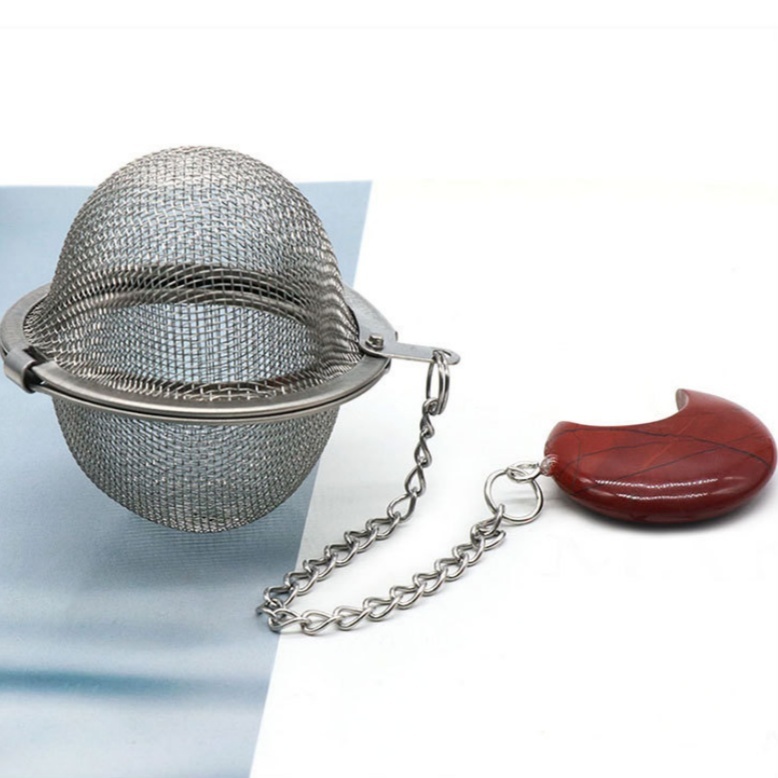 Rose Quartz 30MM Moon Gemstone Pendant Charms Stainless Steel Mesh Tea Ball