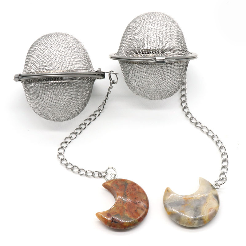 Green Aventurine 30MM Moon Gemstone Pendant Charms Stainless Steel Mesh Tea Ball