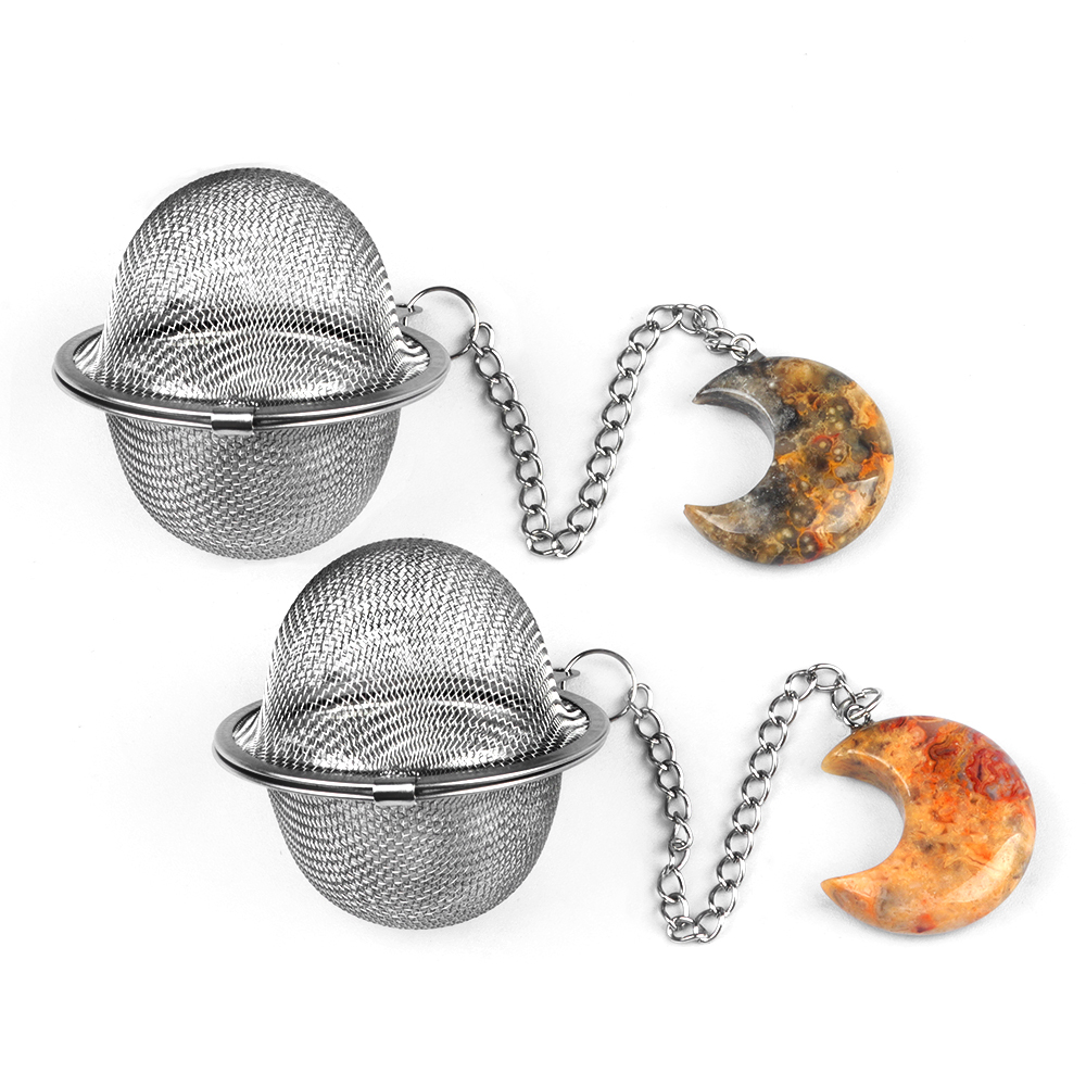 Rose Quartz 30MM Moon Gemstone Pendant Charms Stainless Steel Mesh Tea Ball