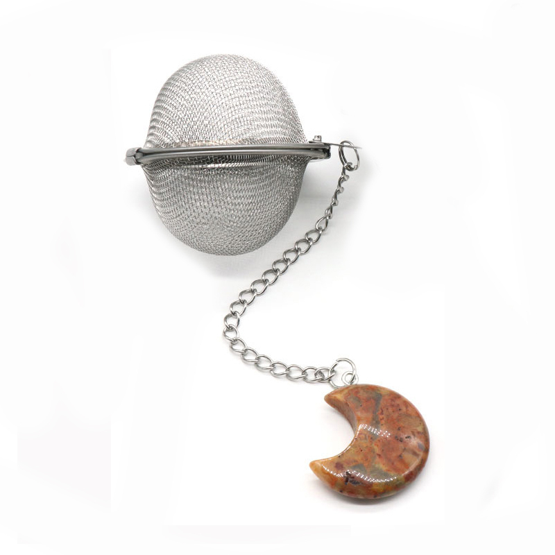 Rose Quartz 30MM Moon Gemstone Pendant Charms Stainless Steel Mesh Tea Ball