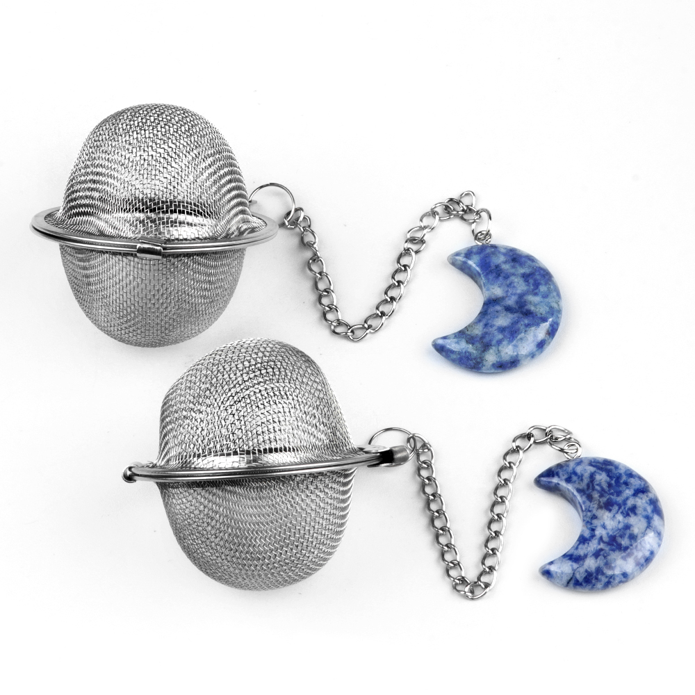 Red Jasper 30MM Moon Gemstone Pendant Charms Stainless Steel Mesh Tea Ball