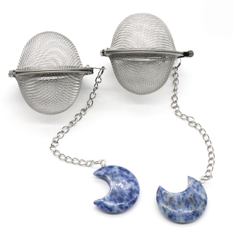 Sodalite 30MM Moon Gemstone Pendant Charms Stainless Steel Mesh Tea Ball