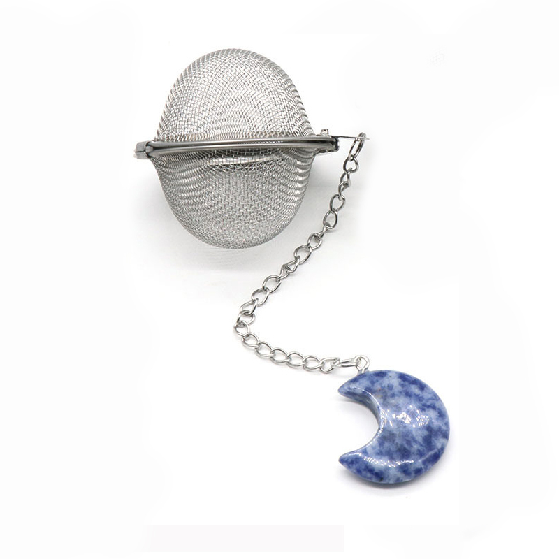 Green Aventurine 30MM Moon Gemstone Pendant Charms Stainless Steel Mesh Tea Ball