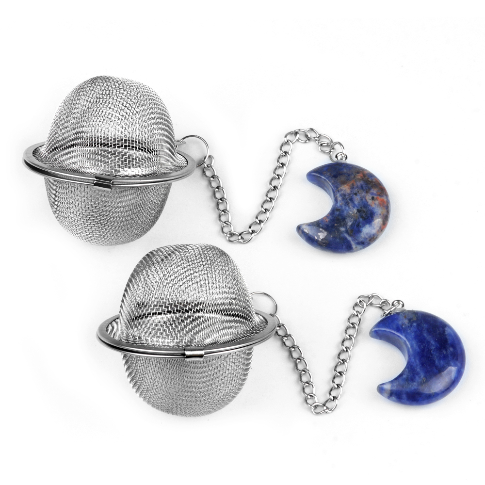 Sodalite 30MM Moon Gemstone Pendant Charms Stainless Steel Mesh Tea Ball