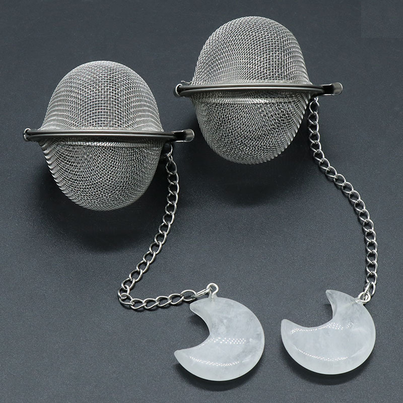 Rose Quartz 30MM Moon Gemstone Pendant Charms Stainless Steel Mesh Tea Ball