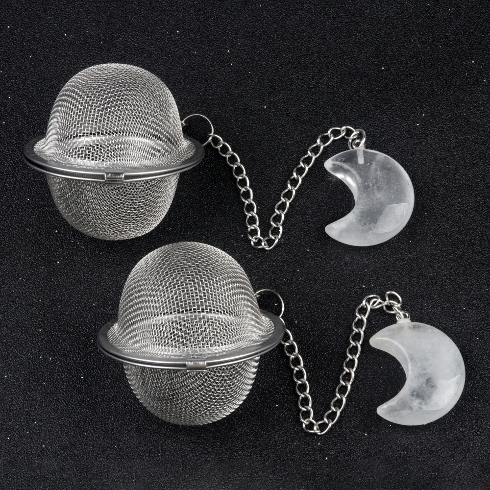 Green Aventurine 30MM Moon Gemstone Pendant Charms Stainless Steel Mesh Tea Ball
