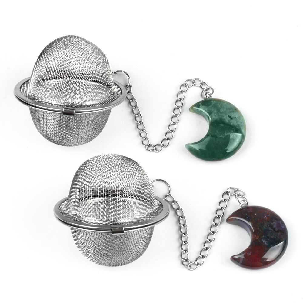 Unakite 30MM Moon Gemstone Pendant Charms Stainless Steel Mesh Tea Ball