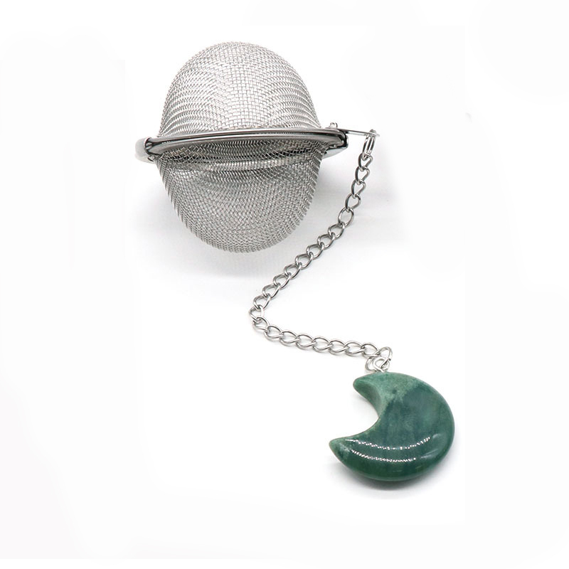 Rose Quartz 30MM Moon Gemstone Pendant Charms Stainless Steel Mesh Tea Ball