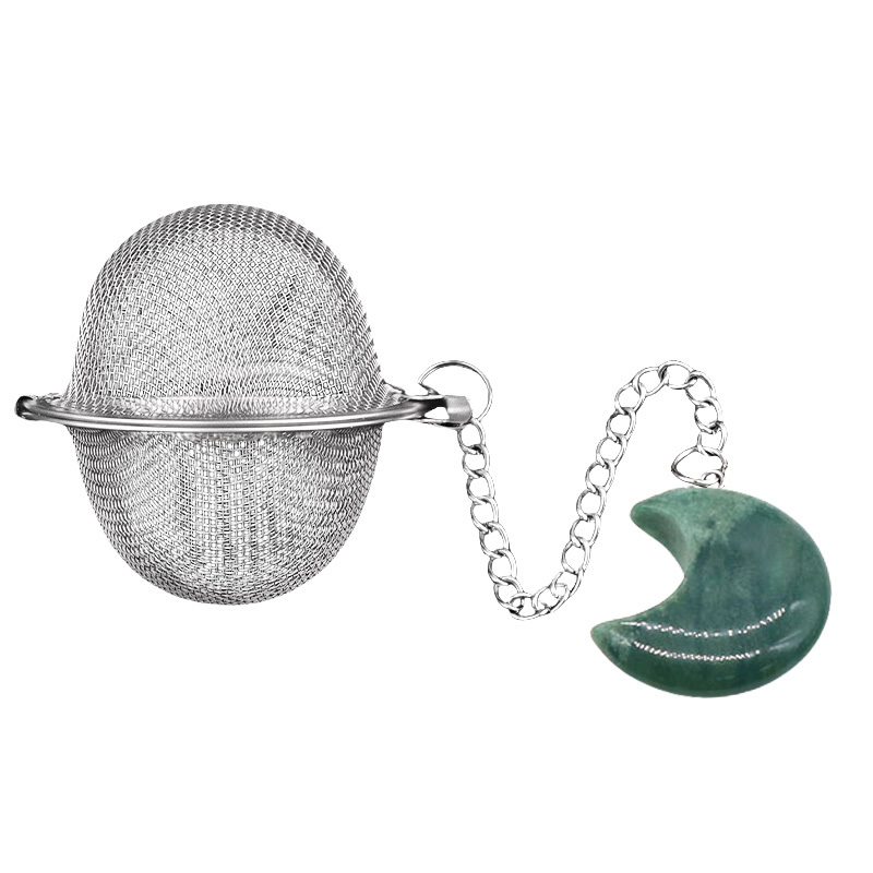 Green Aventurine 30MM Moon Gemstone Pendant Charms Stainless Steel Mesh Tea Ball