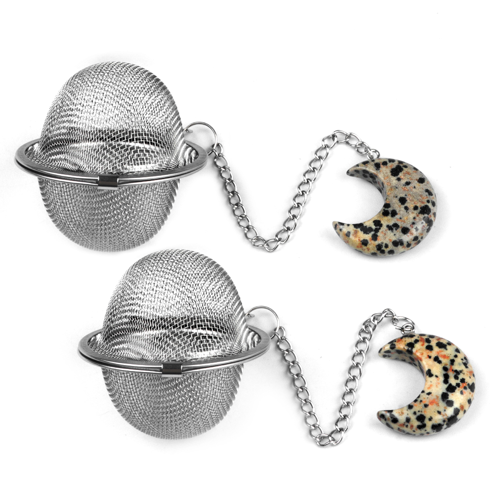 Green Aventurine 30MM Moon Gemstone Pendant Charms Stainless Steel Mesh Tea Ball