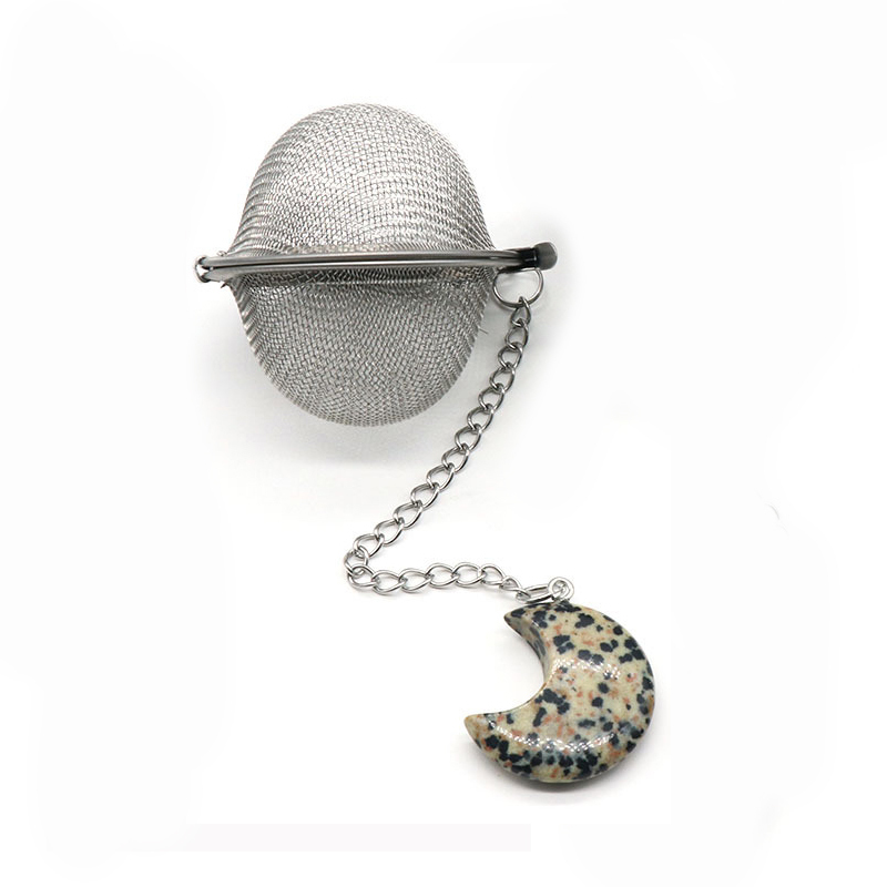 Red Jasper 30MM Moon Gemstone Pendant Charms Stainless Steel Mesh Tea Ball