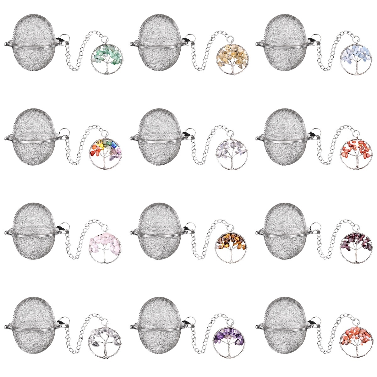 7 Chakra 30mm  Chip Gemstone Life of tree Pendant Charms Stainless Steel Mesh Tea Ball