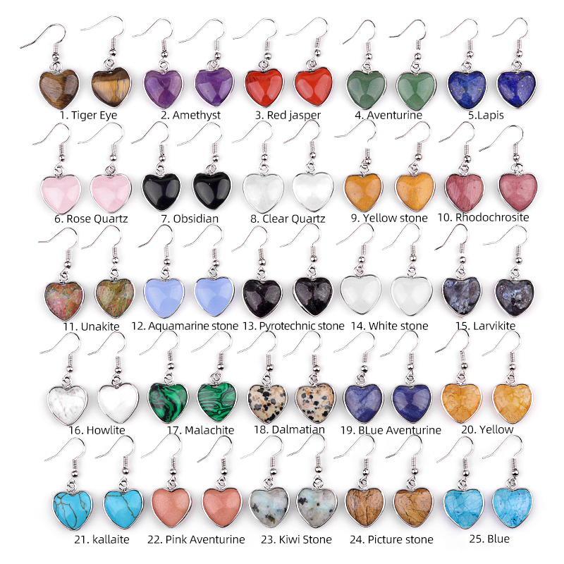 Silver 15MM Heart Gemstone Pendant Charms Drop Earrings for Women Girl
