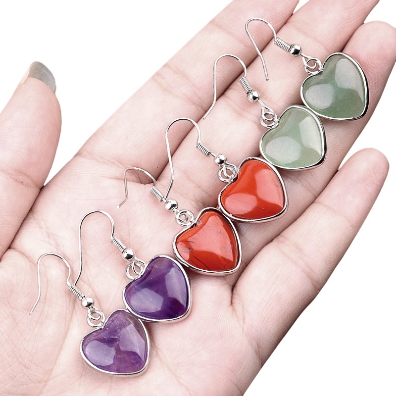 Silver 15MM Heart Gemstone Pendant Charms Drop Earrings for Women Girl