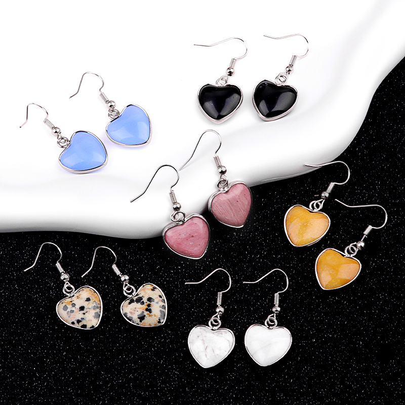 Silver 15MM Heart Gemstone Pendant Charms Drop Earrings for Women Girl
