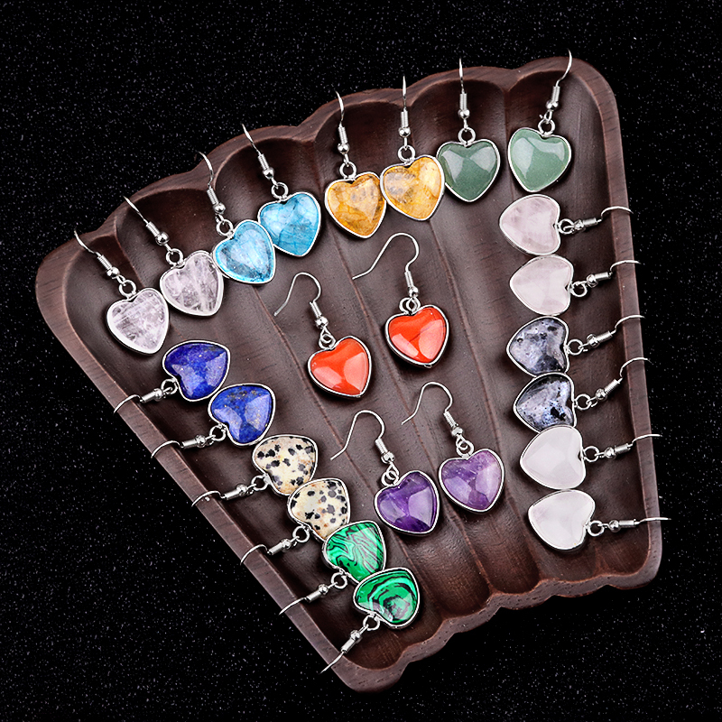 Silver 15MM Heart Gemstone Pendant Charms Drop Earrings for Women Girl