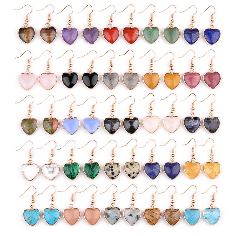 Gold 15MM Heart Gemstone Pendant Charms Drop Earrings for Women Girl