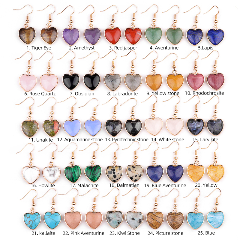 Gold 15MM Heart Gemstone Pendant Charms Drop Earrings for Women Girl