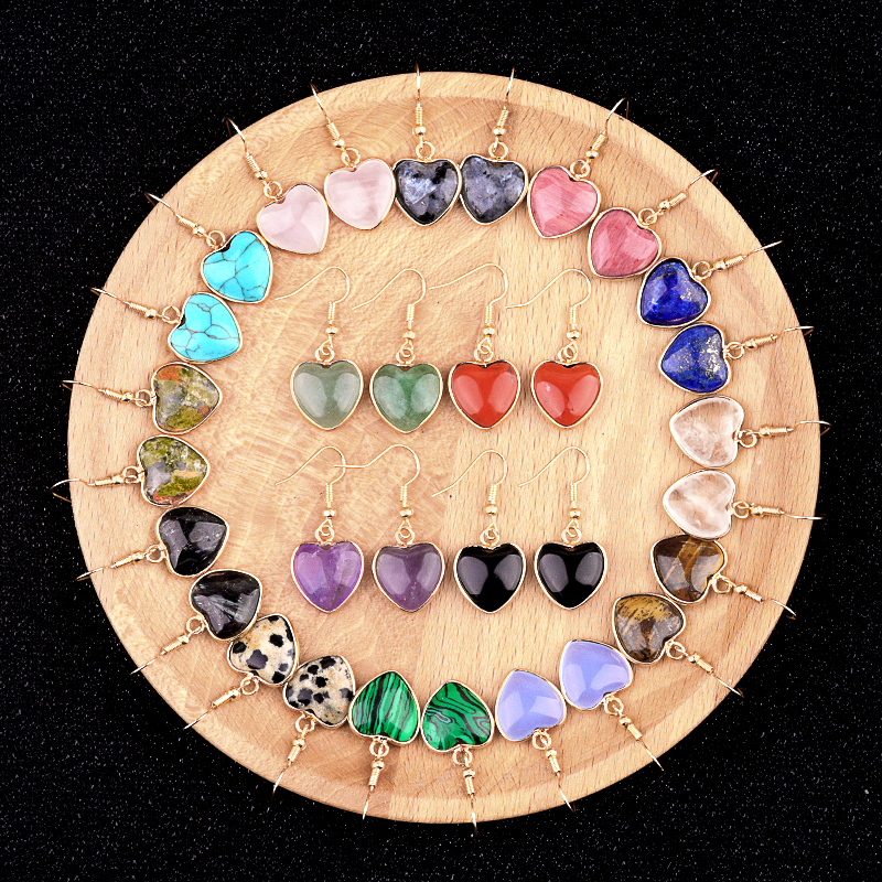 Gold 15MM Heart Gemstone Pendant Charms Drop Earrings for Women Girl