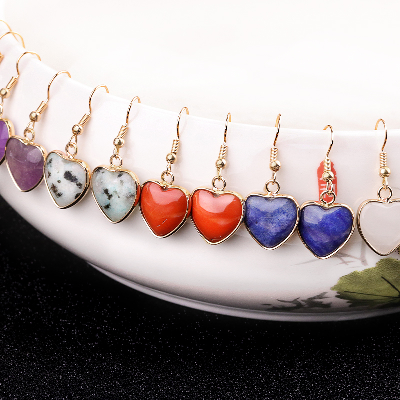 Gold 15MM Heart Gemstone Pendant Charms Drop Earrings for Women Girl