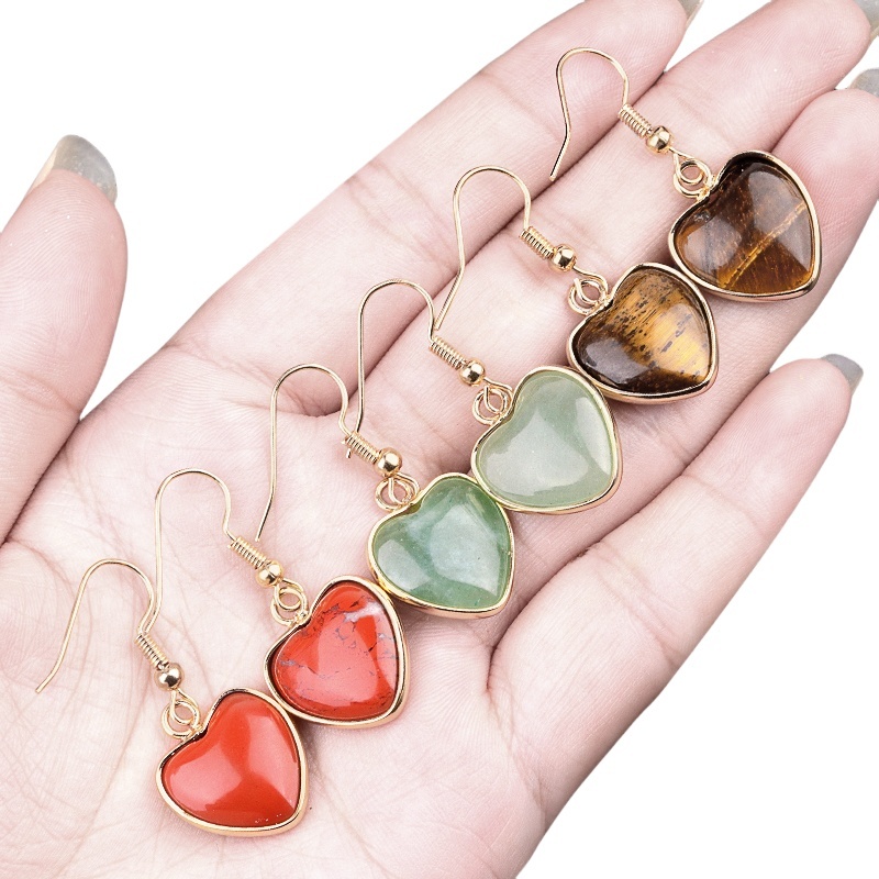 Gold 15MM Heart Gemstone Pendant Charms Drop Earrings for Women Girl