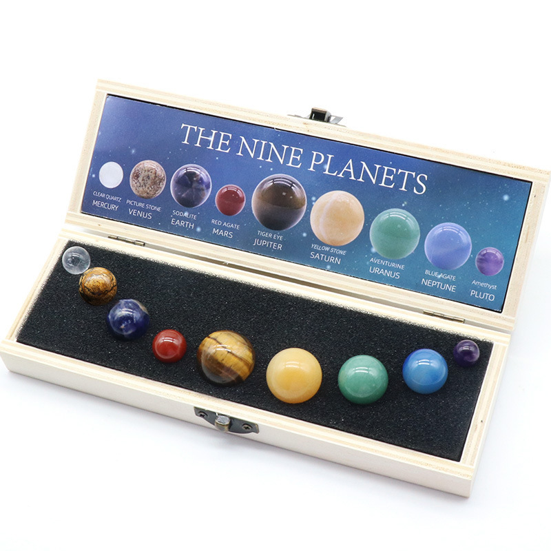 Solar System 9 Planets Gemstone Balls Gift Box for Desk Ornaments Home Decorations Galaxy Universe Model Chakra Healing Crystal Sphere Collective Figurines