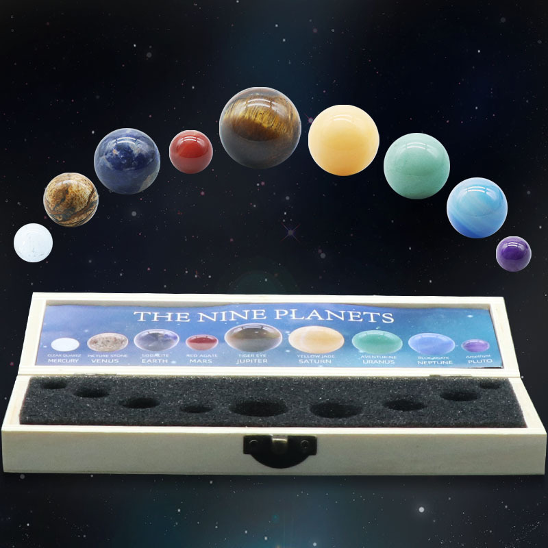 Solar System 9 Planets Gemstone Balls Gift Box for Desk Ornaments Home Decorations Galaxy Universe Model Chakra Healing Crystal Sphere Collective Figurines