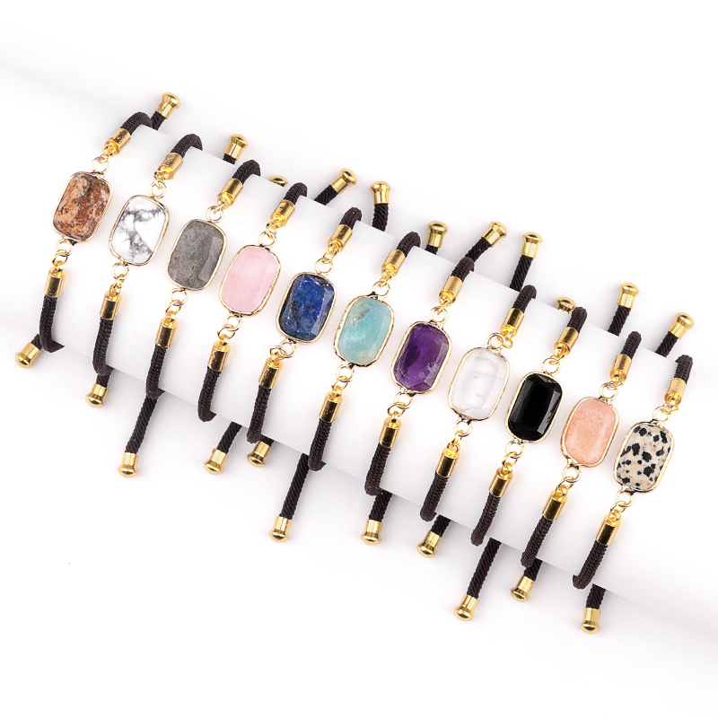 Faceted Rectangle Wrapped Gold Connector Charms  Adjustable Stone Bracelet