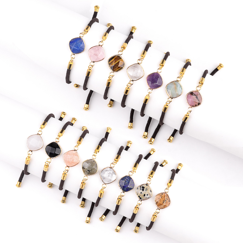12mm Faceted Rhombus & Square Wrapped Gold Connector Charms  Adjustable Stone Bracelet