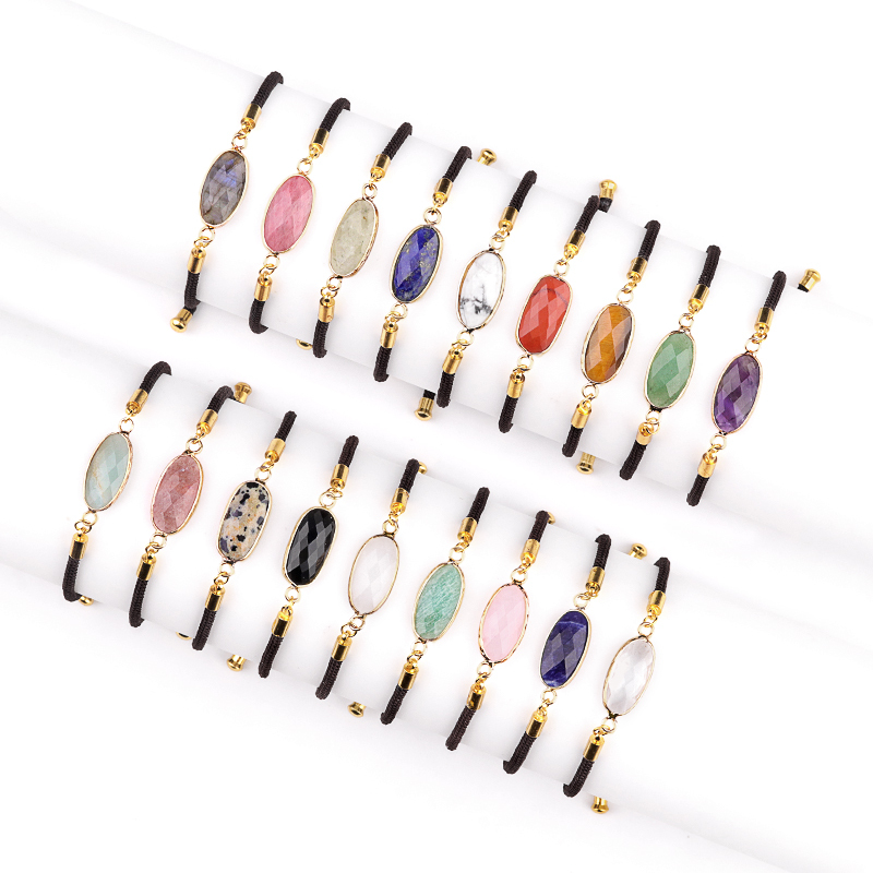 Faceted Oval Beads Wrapped Gold Connector Charms  Adjustable Stone Bracelet