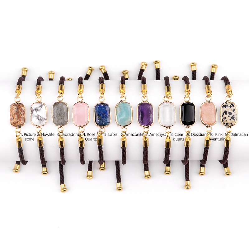Faceted Rectangle Wrapped Gold Connector Charms  Adjustable Stone Bracelet