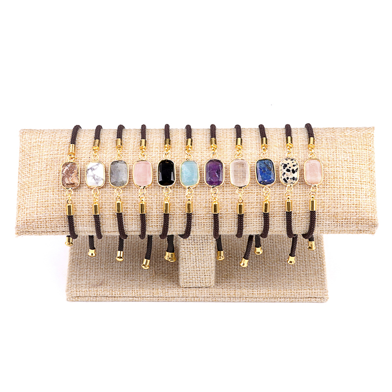 Faceted Rectangle Wrapped Gold Connector Charms  Adjustable Stone Bracelet